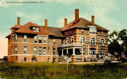 A postcard of the Prince Edward Island Hospital from 1902 showing newly planted trees.