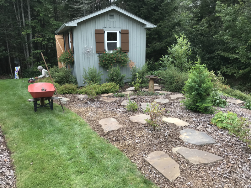 A gardening shed with several stepping stones in mulch.