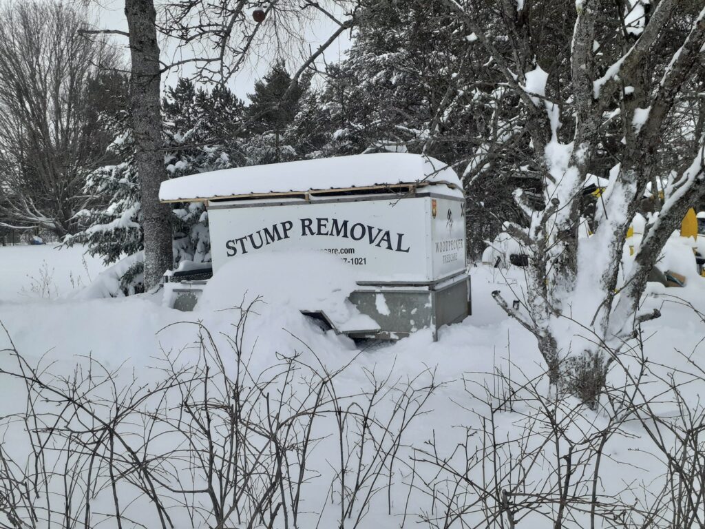 A trailer with a "Stump Removal" sign is covered in snow.