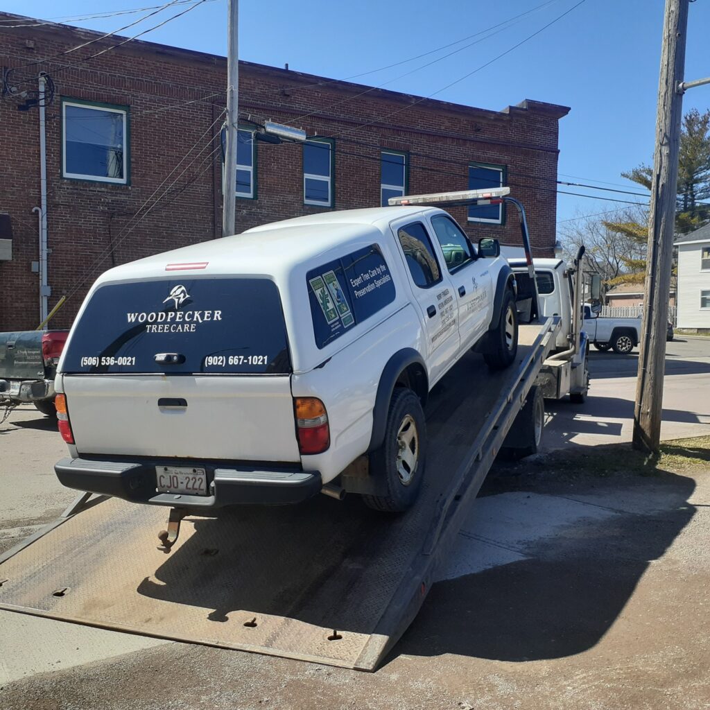 A white truck is loading onto a flatbed trailer. 
