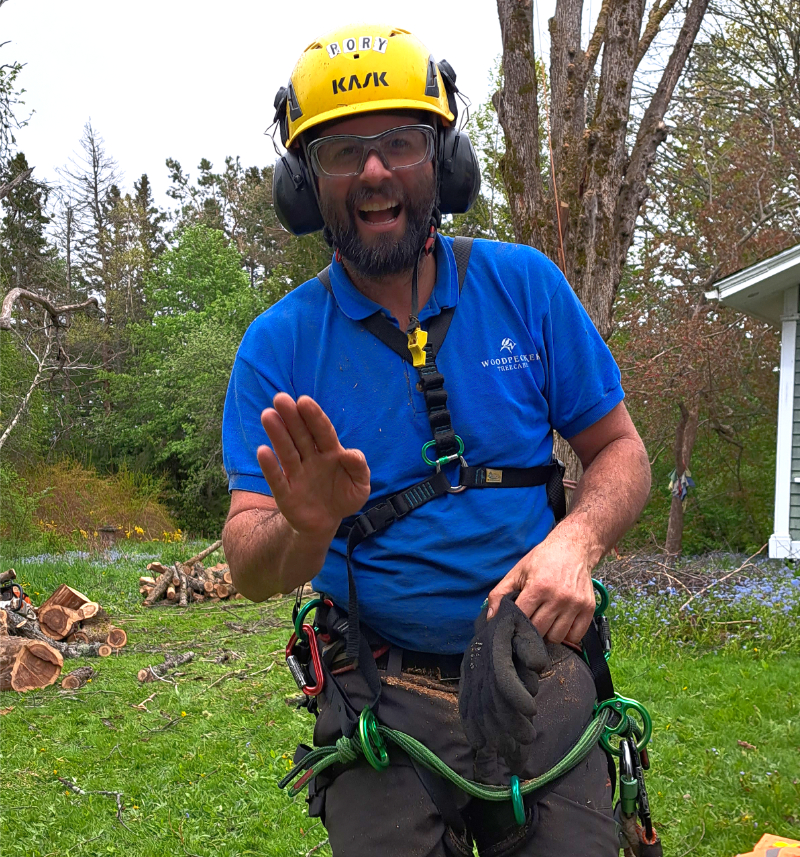 Rory wears a helmet and harness while smiling and waving.